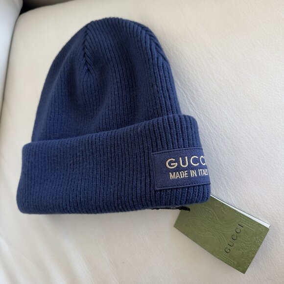 New Authentic Gucci Knit Wool Hat Beanie With Patch Navy Blue Size L Large - Picture 3 of 6